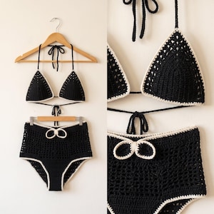 May include: A black crochet bikini set featuring a triangle top with thin tie straps and high-waisted bottoms with a decorative bow detail. Both pieces are finished with a contrasting white trim along the edges, showcasing a detailed stitch pattern.