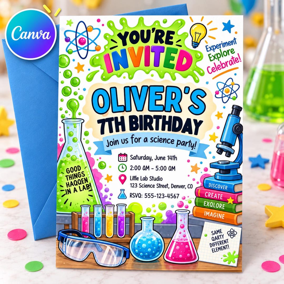Science Birthday Invitation, Colorful Science Lab Party Invite, Kids ...
