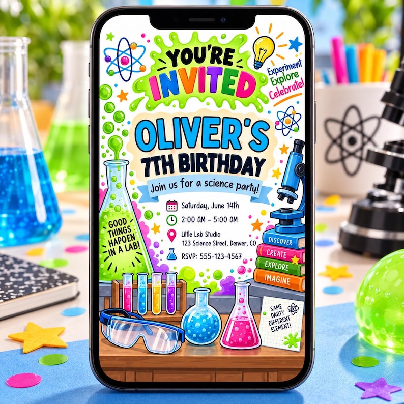 Science Birthday Invitation, Colorful Science Lab Party Invite, Kids ...