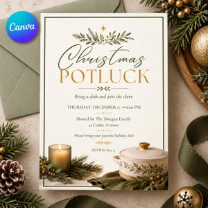 May include: A rectangular Christmas potluck invitation card featuring a cream background with a dark green border. The text reads Christmas POTLUCK, Bring a dish and join the cheer, Thursday, December 17 at 6:00 PM, The Morgan Family, 22 Cedar Avenue, and RSVP by Dec 9. It includes illustrations of a lit candle and a ceramic pot.