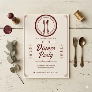 Puede incluir: Una tarjeta de invitación rectangular para una cena con un icono circular rojo oscuro que muestra una ilustración de un tenedor y una cuchara. El texto dice: YOU ARE INVITED TO JOIN, DINNER Party, 25 08 30, AT 07 PM, An evening of fine dining and meaningful conversations, 123 Anywhere St., Any City, ST 12345.