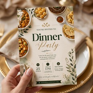 Puede incluir: Una tarjeta de invitación rectangular para una cena con ilustraciones de cocina india, incluyendo cuencos de curry, arroz y pan plano. El texto dice: You're invited to Dinner Party, 25 March, 8 PM, 123 Anyers St., Any City, 97 12345.