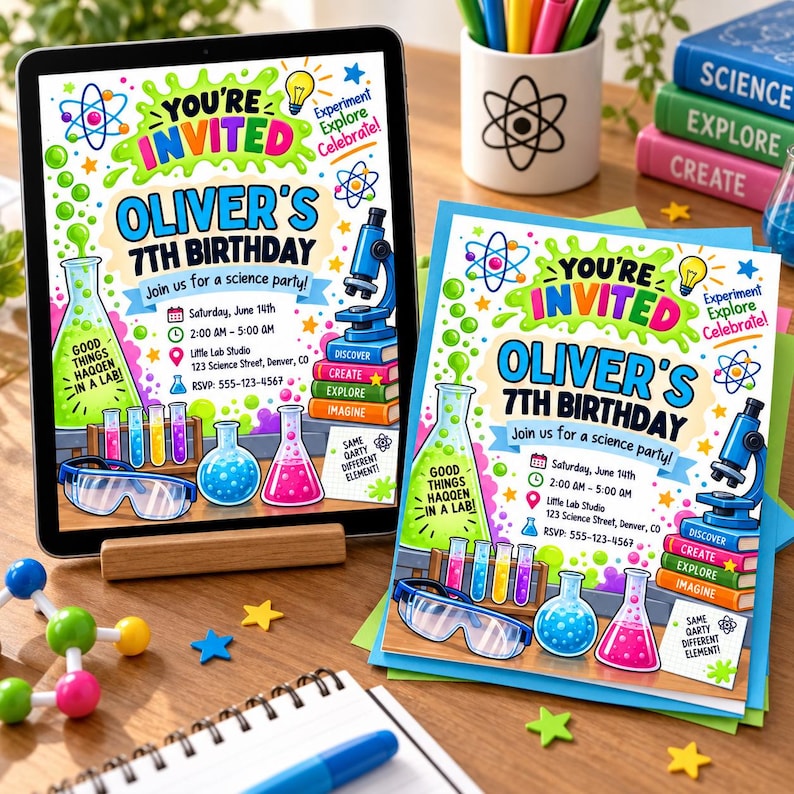 Science Birthday Invitation, Colorful Science Lab Party Invite, Kids ...