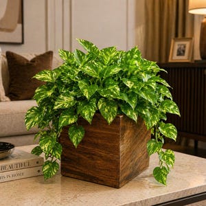 May include: A lush pothos plant with variegated green and yellow heart-shaped leaves spilling over the sides of a square, dark brown wooden planter box. The plant is dense and full, showcasing a vibrant pattern of light and dark foliage.
