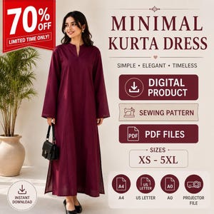 Patron de couture minimaliste pour robe Kurta, tunique caftan femme PDF (XS-5XL)