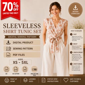 May include: A digital sewing pattern for a sleeveless shirt tunic set, featuring a V-neck floral top with a front tie and wide-leg trousers. The document includes instructions for sizes XS-5XL, with A4, US Letter, A0, and projector file formats.