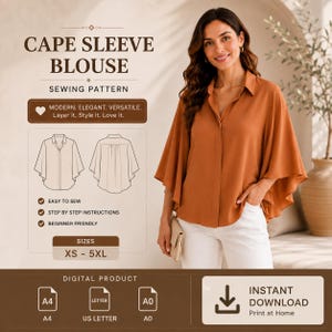 May include: A digital sewing pattern for a cape sleeve blouse. The image displays the text CAPE SLEEVE BLOUSE, SEWING PATTERN, and SIZES XS-5XL. It includes a line drawing of the front and back of the blouse, along with icons for A4, US Letter, and A0 paper sizes.