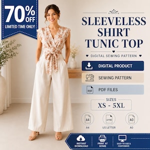 Op de afbeelding: Een digitaal naaipatroon voor een mouwloze tuniek. De afbeelding toont een wikkel-top met bloemenprint, een strikceintuur en een wijde broek. De tekst bevat SLEEVELESS SHIRT TUNIC TOP, DIGITAL SEWING PATTERN, PDF-BESTANDEN en maten XS-5XL.