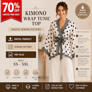 Kimono Wrap Tunic Top Sewing Pattern, Boho Blouse PDF (XS–5XL)