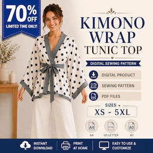 May include: A digital sewing pattern for a kimono wrap tunic top with a white and black polka dot print, featuring grey trim and a matching tie belt. The text includes KIMONO WRAP TUNIC TOP, DIGITAL SEWING PATTERN, SIZES XS - 5XL, and A4, US LETTER, A0.