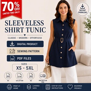 May include: A digital sewing pattern for a sleeveless shirt tunic with a collar, button-down front, and a belted waist. The graphic includes text: SLEEVELESS SHIRT TUNIC, DIGITAL PRODUCT, SEWING PATTERN, PDF FILES, SIZES XS - 5XL, A4, US LETTER, A0.