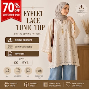 Può includere: Un cartamodello digitale per una tunica in pizzo sangallo, disponibile nelle taglie dalla XS alla 5XL. Il prodotto include file PDF per carta A4, US Letter e A0, oltre a un file per proiettore. La tunica è color crema con dettagli floreali traforati.