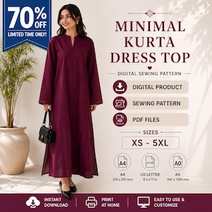 May include: A deep burgundy long-sleeved kurta dress top with a V-neckline and side slits. The digital sewing pattern includes sizes XS to 5XL, with PDF files available in A4, US Letter 8.5 x 11 inches, and A0 841 x 1189 mm formats for printing.