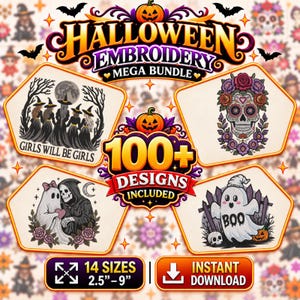 Halloween Machine Embroidery Mega Bundle, 100+ Spooky Designs, Witches, Pumpkins, Ghosts & Skulls, Instant Download