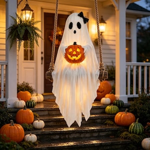 May include: A white ghost decoration with a black bow on its head, suspended on a rope swing. The ghost has large black eyes and a mouth, and it holds a glowing orange jack-o'-lantern. The figure is draped in white fabric with a jagged hem.