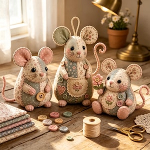 May include: Three fabric mouse figurines in varying sizes, crafted from patchwork floral and polka-dot textiles in muted green, pink, and cream tones. The mice feature button accents, embroidered details, and long tails, accompanied by loose buttons, a spool of thread, and gold scissors.