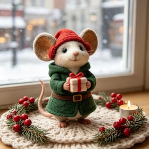 May include: A needle-felted mouse figurine wearing a red hat and a green hooded coat with a brown belt. The mouse holds a small white gift box with a red ribbon. It stands on a cream-colored crocheted mat decorated with pine sprigs and red berries.