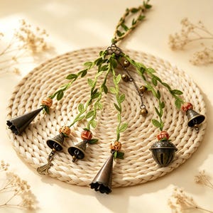 Enchanted Garden Witch Bells Wind Chime, Greenery Vine Hanging Bell, Rustic Metal Door Knob Decor, Magical Nature Lover Housewarming Gift