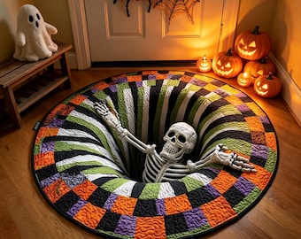 Tapete redondo 3D com vórtice assustador e esqueleto, tapete de chão com ilusão de ótica para o Halloween, tapete antiderrapante, decoração para hall de entrada e sala de estar, presente gótico para as festas de fim de ano.
