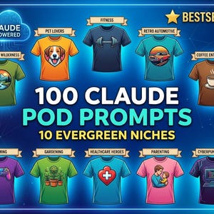 100 sugerencias de Claude para diseño de camisetas, guía de la clase magistral de impresión bajo demanda en PDF, matriz de palabras clave SEO y hoja de seguimiento para Etsy y Amazon Merch