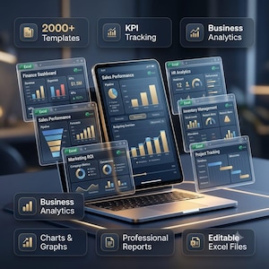 May include: A laptop displaying a Sales Performance dashboard surrounded by floating windows showing Finance, HR, Inventory, Marketing, and Project tracking data. Text labels include 2000+ Templates, KPI Tracking, Business Analytics, Charts & Graphs, Professional Reports, and Editable Excel Files.