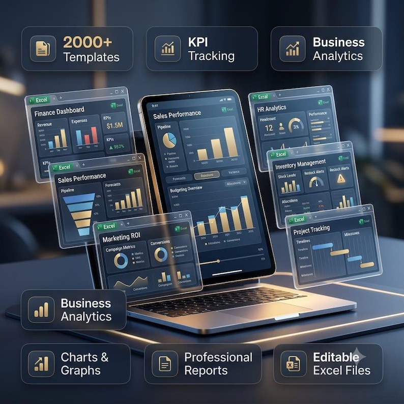 May include: A laptop displaying a Sales Performance dashboard surrounded by floating windows showing Finance, HR, Inventory, Marketing, and Project tracking data. Text labels include 2000+ Templates, KPI Tracking, Business Analytics, Charts & Graphs, Professional Reports, and Editable Excel Files.