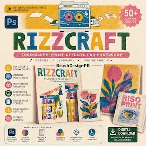 May include: A digital design toolkit titled Rizzcraft for Photoshop, featuring risograph print effects, 50 plus ink colors, halftone textures, and ink overprint simulations. The display includes sample prints of a house, leaves, and an eye.