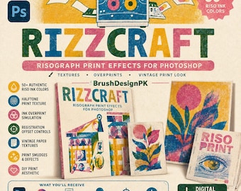 RizzCraft Photoshop Brushes | Risograph Print Effect, Vintage Texture (Digital Download)