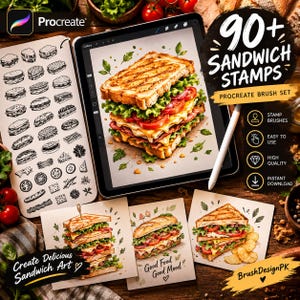 Może przedstawiać: Cyfrowy zestaw pędzli Procreate zawierający ponad 90 stempli z kanapkami, wyświetlany na ekranie tabletu z ilustracją kanapki, wraz z wydrukowanymi kartami z grafikami kanapek i tekstem 90+ SANDWICH STAMPS PROCREATE BRUSH SET.