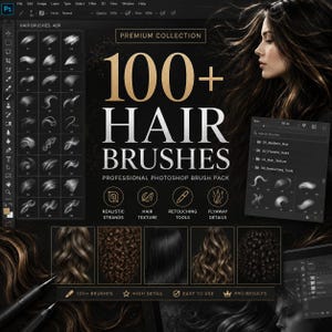 以下が含まれることがあります： 100+ HAIR BRUSHESと題されたPhotoshopブラシパックのデジタル製品インターフェース。髪の毛のストロークサンプル、長いダークヘアの人物の横顔、リアルな髪の質感やレタッチツールを示すアイコンがグリッド状に配置されています。