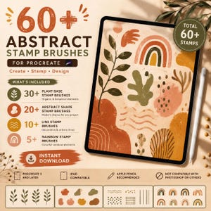 Könnte beinhalten: Ein digitales Produktangebot für 60+ abstrakte Stempelpinsel für Procreate, mit einem Tablet, das botanische und geometrische Formen in Erdtönen zeigt. Der Text enthält Details zu Pinselkategorien, Kompatibilität und Sofort-Download.