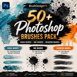 Może przedstawiać: Cyfrowa grafika przedstawiająca pakiet 50+ pędzli do programu Photoshop od BrushDesignPK. Projekt zawiera tekstury akwareli, plam atramentu i suchych pociągnięć pędzla w kolorach niebieskim, czarnym i pomarańczowym. Tekst zawiera Aqua Marks, Ink Marks i Shadow Marks.