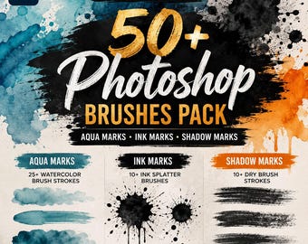 50+ Photoshop Brushes Pack | Watercolor, Ink, Shadow Textures (Digital Download)