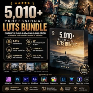 Peut inclure: Une publicité pour un ensemble de 5 010+ LUTs professionnels pour l'étalonnage cinématographique. Le graphique présente du texte doré et blanc sur fond noir, affichant des icônes de compatibilité logicielle et des exemples de photos.