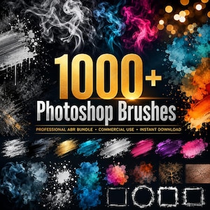 Könnte beinhalten: Eine digitale Sammlung von 1000+ Photoshop Brushes mit einer Vielzahl künstlerischer Texturen, Raucheffekten, farbigen Farbspritzern und geometrischen Rahmen. Der Text 1000+ Photoshop Brushes ist in großen goldenen und weißen Buchstaben dargestellt.