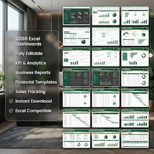 May include: A collection of 2000 Excel dashboards featuring green and white data visualizations, charts, and tables. The text on the left lists features including 2000 Excel Dashboards, Fully Editable, KPI & Analytics, Business Reports, Financial Templates, Sales Tracking, Instant Download, and Excel Compatible.