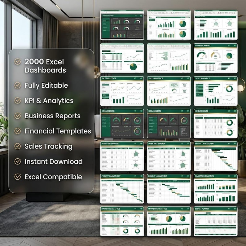 May include: A collection of 2000 Excel dashboards featuring green and white data visualizations, charts, and tables. The text on the left lists features including 2000 Excel Dashboards, Fully Editable, KPI & Analytics, Business Reports, Financial Templates, Sales Tracking, Instant Download, and Excel Compatible.