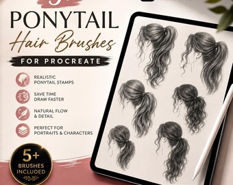 5+ Realistic Ponytail Hair Brushes for Procreate | Digital Art Set (Download)