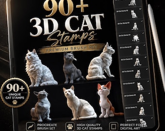 90+ 3D Cat Stamps for Procreate, Kawaii Digital Art Brushes (Instant Download)