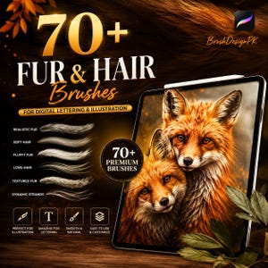 Pode incluir: Um anúncio de produto digital para mais de 70 pincéis de pelo e pelagem para lettering e ilustração digital. A imagem mostra um tablet exibindo uma ilustração detalhada de duas raposas e uma lista de tipos de pincéis, incluindo pelagem realista.