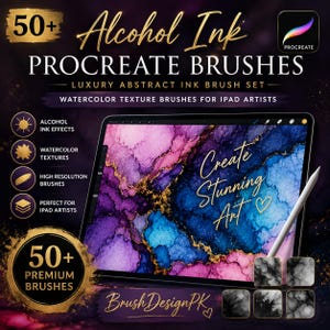 Op de afbeelding: Een digitale tablet met een kunstwerk van paarse en blauwe alcoholinkt met gouden accenten, vergezeld van een stylus. Het scherm toont de tekst 'Create Stunning Art' en de afbeelding bevat labels voor 50+ penselen voor Procreate.