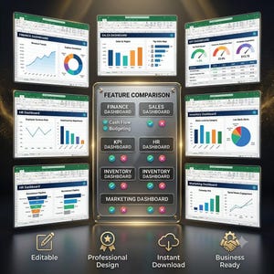 May include: A digital feature comparison chart surrounded by seven Excel dashboard templates including finance, sales, KPI, HR, inventory, and marketing data visualizations. The central panel displays checkmarks and cross icons for various features.