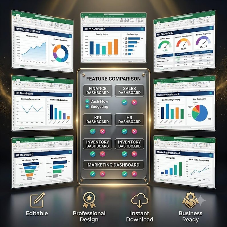 May include: A digital feature comparison chart surrounded by seven Excel dashboard templates including finance, sales, KPI, HR, inventory, and marketing data visualizations. The central panel displays checkmarks and cross icons for various features.