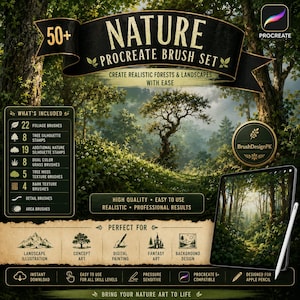 May include: A digital product listing for a 50+ Nature Procreate Brush Set featuring a black banner with white text, a list of included foliage, tree, grass, and texture brushes, and a tablet displaying a forest landscape illustration.