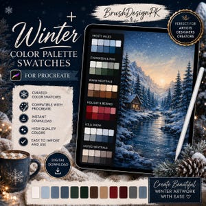 Pode incluir: Uma paleta de cores digitais de inverno para Procreate com amostras rotuladas como Frosty Blues, Evergreen & Pine, Warm Neutrals, Holiday & Berries, Ice & Snow e Muted Neutrals, exibida em uma tela de tablet ao lado de uma caneta branca.