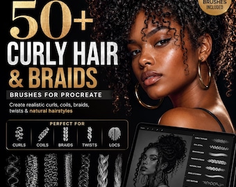 50+ Curly Hair & Braids Procreate Brushes, Realistic Digital Art Tools (Digital Download)