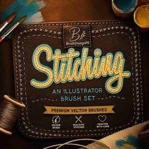 Peut inclure: Un graphique carré à texture de cuir brun foncé présentant le texte Stitching, An Illustrator Brush Set et Premium Vector Brushes. Le design comprend des bordures cousues, un logo avec la lettre B et des icônes pour vector based, realistic stitches et crafted with care.