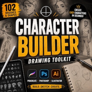Puede incluir: Un kit de herramientas de dibujo digital titulado Character Builder con 102 pinceles y formas. El gráfico incluye bocetos de varios personajes, una tableta que muestra rasgos faciales, un cuaderno de bocetos e iconos de Procreate, Photoshop e Illustrator.