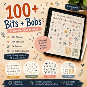 以下が含まれることがあります： 100+ Bits + Bobs Procreate Deco Brushesというタイトルのデジタル製品セット。タブレットには、手描きのスタンプ、スプリンクル、ボーダー、パターンが多数表示されています。画像には内容のテキストリストと装飾的なアイコンが含まれています。
