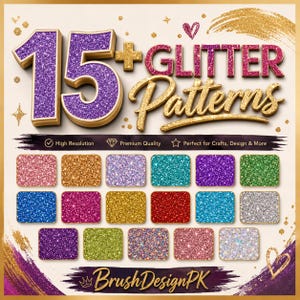 Op de afbeelding: Een digitale collectie getiteld 15+ GLITTER PATTERNS met vijftien rechthoekige stalen in diverse kleuren zoals roze, goud, paars, turquoise, blauw, rood, groen en zilver, allemaal voorzien van een textuur met een sprankelend glimmend effect.